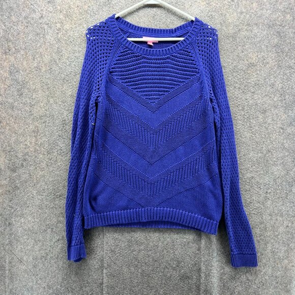 Lilly Pulitzer Pullover Women Medium Blue Knitted Chevron Crewneck Sweatshirt - Picture 1 of 13